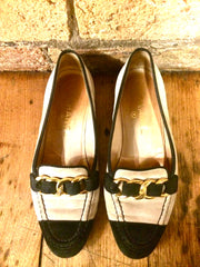 Classic Chanel Suede Loafers in Beige with Black Toe Cap and Gold detailing