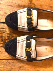 Classic Chanel Suede Loafers in Beige with Black Toe Cap and Gold detailing