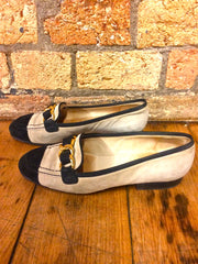 Classic Chanel Suede Loafers in Beige with Black Toe Cap and Gold detailing