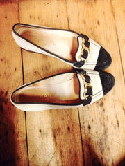 Classic Chanel Suede Loafers in Beige with Black Toe Cap and Gold detailing